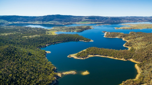 A weaving inlet of dark blue lakes through heavily forested shores, with tall hills on the horizon. 
