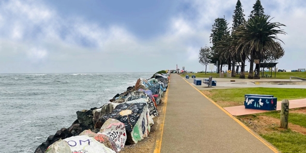 colourful rock wall painted by visitors with a walking path and norfolk island pines on one side and the ocean on the other