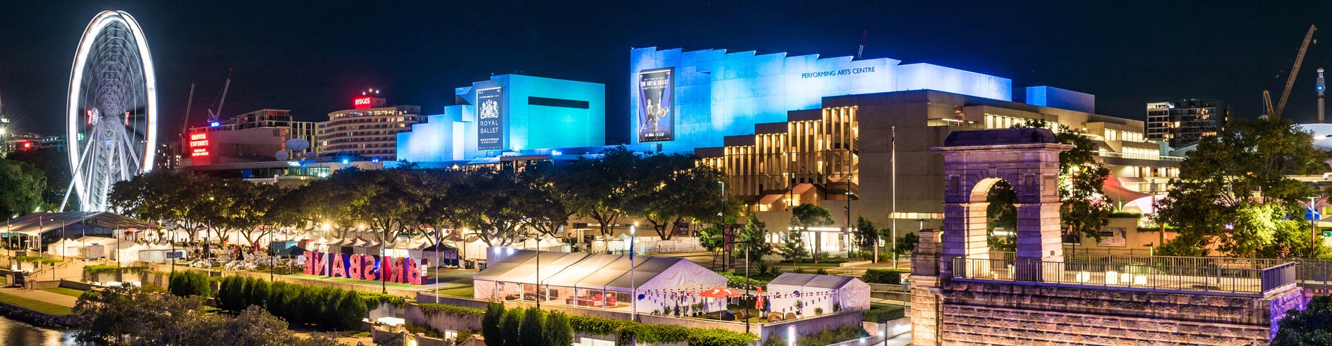 View of South Bank Brisbane at night from the air