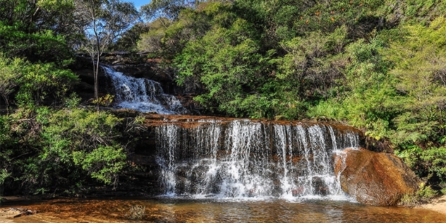 view from the bottom of the waterfall with water cascading down two steps surrounded by bushland